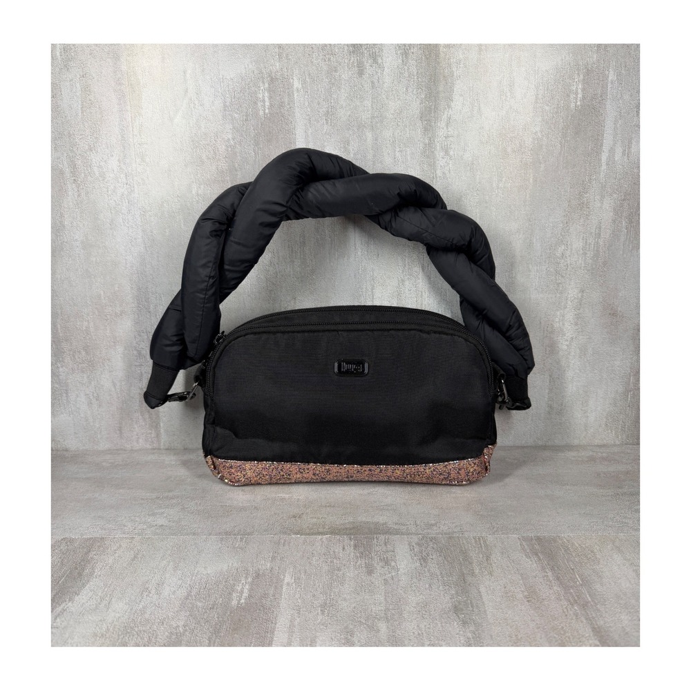 Lug Punter Crossbody Bag Black Rose Gold Glitter Puffer Braided Handle RFID
